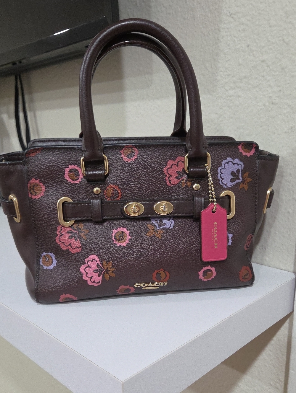 COACH Mini Blake Brown Floral Satchel with Pink Tag